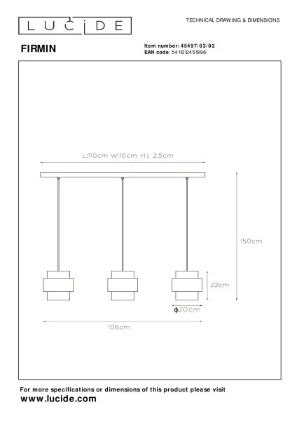 Lucide FIRMIN - Hanglamp - 3xE27 - Mat Goud / Messing - technisch